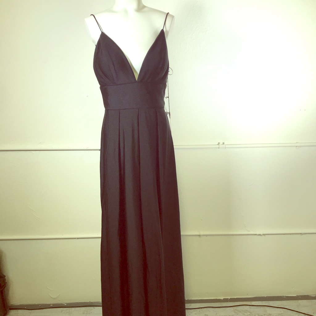 Ieena For Mac Duggal Plunge Neck High Slit Satin Gown
